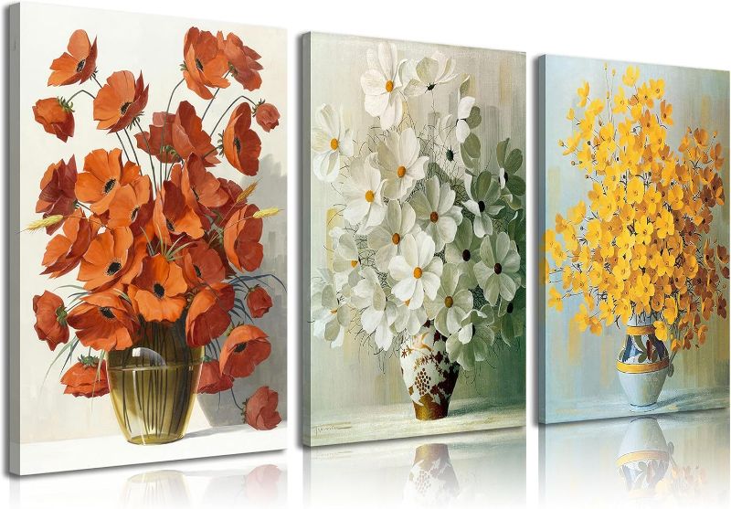 Photo 1 of 3Pcs Framed Floral Canvas Wall Art Glass Bottle Bouquet Wall Decor pictures Red Yellow White Bouquet Flowers Printeds Posters paintings for Living Room Bedroom Bathroom Decor ready to hang 16x24in
