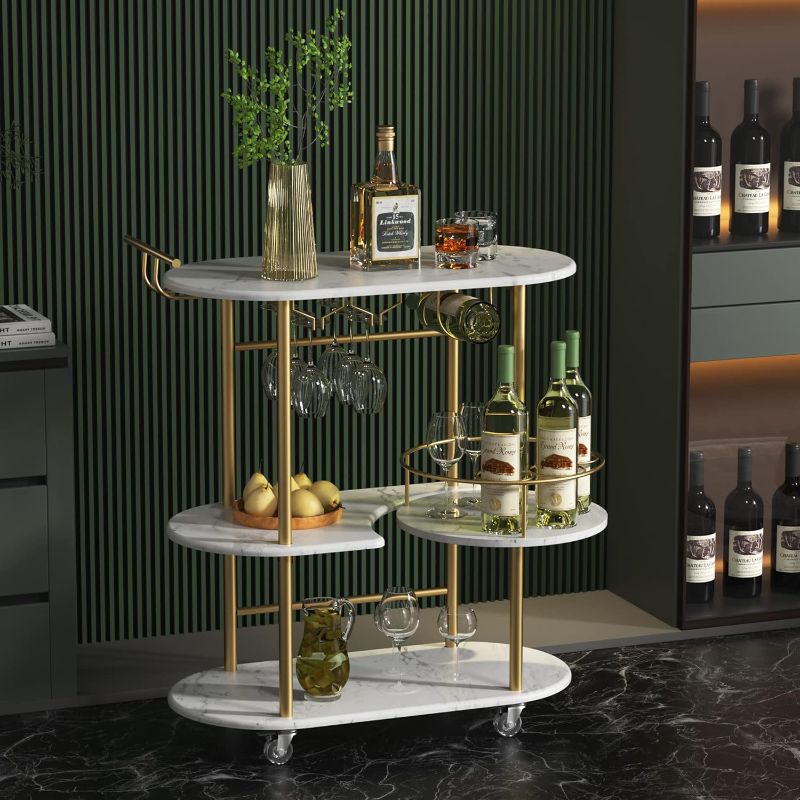 Photo 1 of Gold Bar Carts with 4-Tier Storage Shelves, Mobile Bar Serving Cart with Wine Rack and Glass Holder, for The Home, Kitchen, Living Room, Dining Room
