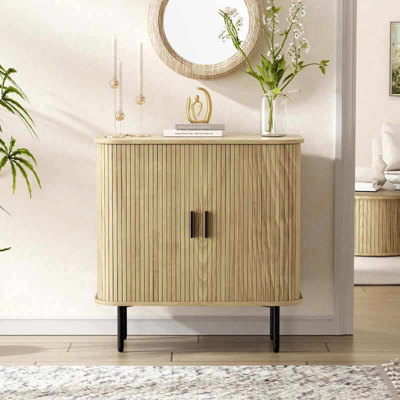 Photo 1 of 31''W Natural Buffet Sideboard Cabinet with Storage, Fluted Storage Cabinet Black with Curvy Edge; Sliding Door, Freestanding Accent Cabinet, Credenza, Console Table for Living Room, Kitchen, Hallway
