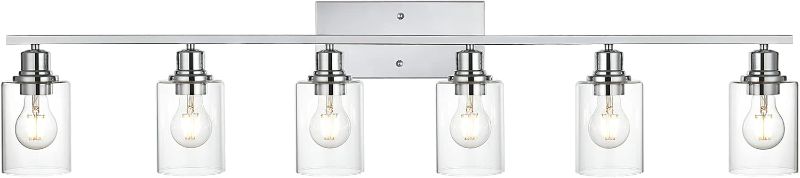 Photo 1 of VINLUZ 6 Lights Bathroom Vanity Light in Chrome Finish with Clear Cylinder Glass Shade Industrial Wall Light Fixtures Over Mirror for Dressing Table Bedroom
