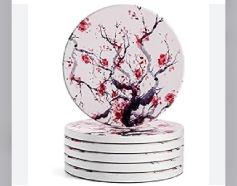 Photo 1 of 6PCS Plum Watercolor Coasters for Drinks Absorbent Ceramic Coasters for Dining Tables Housewarming Home and Restaurant Decoration 4 Inches Coaster 