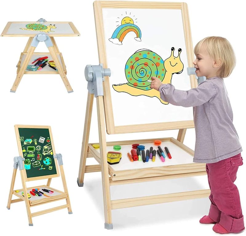 Photo 1 of Art Easel for Kids, Kids Easel, Double Sided Kids Easel Drawing Board, Whiteboard & Chalkboard, 360°Rotating Adjustable Kids Easel Art Set, Standing Erasable Easel Board, Easel for Classroom