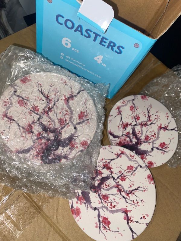 Photo 1 of 6PCS Plum Watercolor Coasters for Drinks Absorbent Ceramic Coasters for Dining Tables Housewarming Home and Restaurant Decoration 4 Inches Coaster 