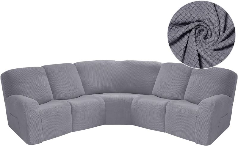 Photo 1 of Corner Sofa Cover, Velvet Stretch Sectional Cover, Recliner Corner Sofa Protector, Corner Sofa Couch Cover for Recliner, Sectional Sofa Set for Livingroom(5 Seats,Lattice Texture-Light Grey)
