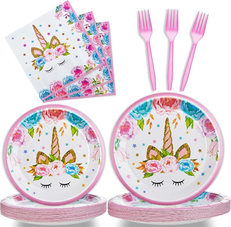 Photo 1 of 96 Pcs Birthday Party Plates Napkins Forks Supplies Tableware Set Disposable Table Horned Horse Theme Decoration for Girl Birthday Party or Baby Shower, Serves 10 Guests
