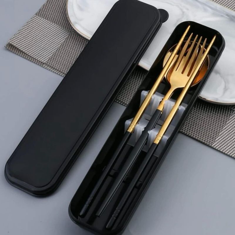 Photo 1 of Black and Gold Cutlery Set with Cases Stainless Steel Flatware Set Portable Reusable Cutlery Set Travel Utensils Set Including Chopsticks Knife Spoon and Case
