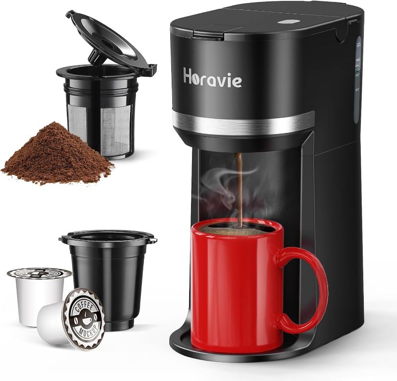 Photo 1 of Mini Single Serve Coffee Maker for K Cup and Ground Coffee, Fast Brew One Cup Coffee Machine with Descaling Reminder and Water Window, 6 to 12 oz. Brew Sizes, Black
