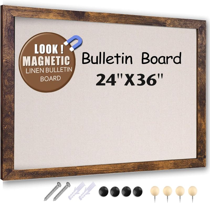 Photo 1 of Large Magnetic Bulletin Board 36 x 24 Inch,Rustic Wood Framed Cork Board with Linen?Wall Mounted Notice Board with Pushpins for Home Office School
