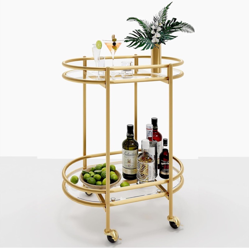 Photo 1 of AHRODY Gold Bar Cart, Modern Serving Cart for Home, Rolling Wine Cart with 2 Tempered Glass Shelves, Wine Holders for Kitchen, Living Room and Dining Room