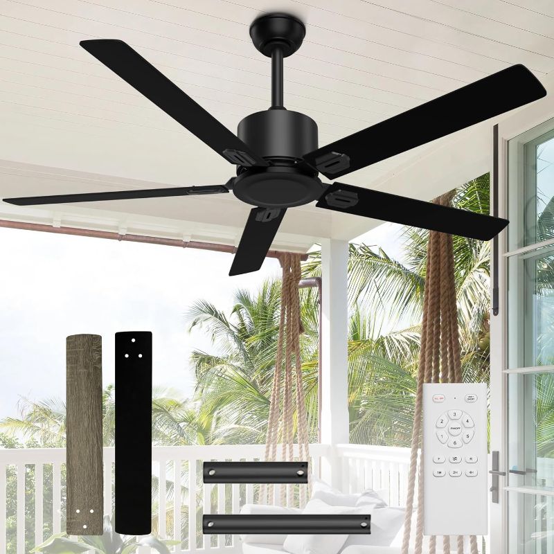 Photo 1 of Ceiling Fan with Remote Control, Ceiling Fans 52" Outdoor/Indoor with 6 Speeds Reversible DC Motor Ceiling Fans No Lights Modern Black for Kitchen, Bedroom, Living Room, Farmhouse, Patios
