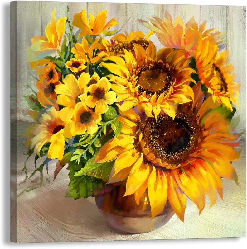 Photo 1 of Fall Sunshine Sunflower Bathroom Decor Wall Art Farmhouse Kitchen Paintings for Wall Decorations Countryside Vintage Framed Canvas Artwork Printing Ready to Hang for Living Room Bedroom 20"x20"
