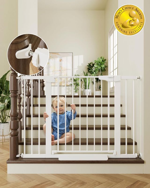 Photo 1 of Cumbor 29.7-46" Baby Gate for Stairs, Mom's Choice Awards Winner-Auto Close Dog Gate for the House, Easy Install Pressure Mounted Pet Gates for Doorways, Easy Walk Thru Wide Safety Gate for Dog, White
