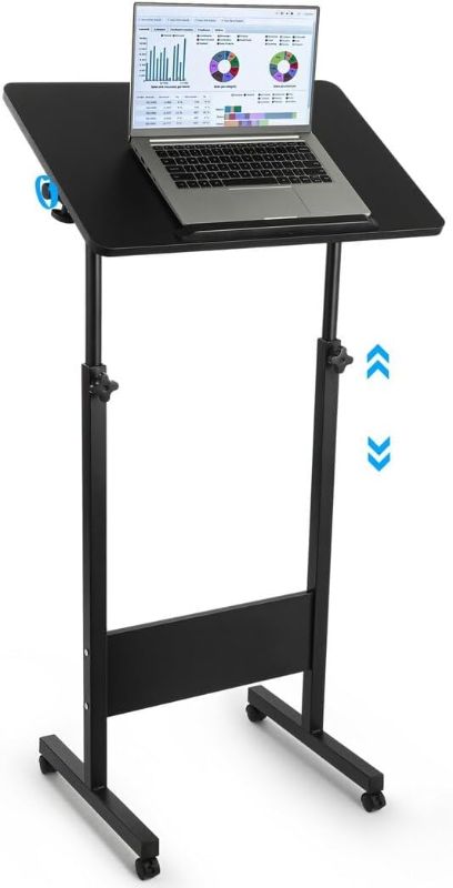 Photo 1 of Mobile Podium Stand, Adjustable Standing Desk with Caster Wheels, Adjustable Height & 360° Swivel Desktop, Versatile Podium Laptop Desk Stand Up Desk Easel Presentation Lectern
