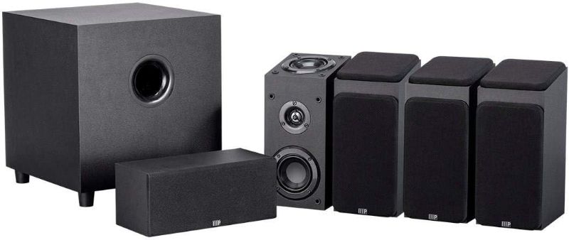 Photo 1 of Monoprice Premium 5.1.4-Ch. Immersive Home Theater System - with 8 Inch 200 Watt Subwoofer, Dolby Atmos Compatible, Black
