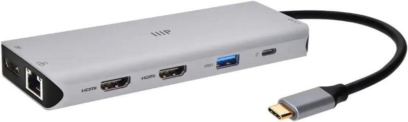 Photo 1 of Monoprice 13-in-1 Dual-HDMI + DisplayPort Multi-Stream Transport (MST) Triple Monitor Docking Station - 4K, 5Gbps USB A, Ethernet, Card Reader, 100W PD, Silver
