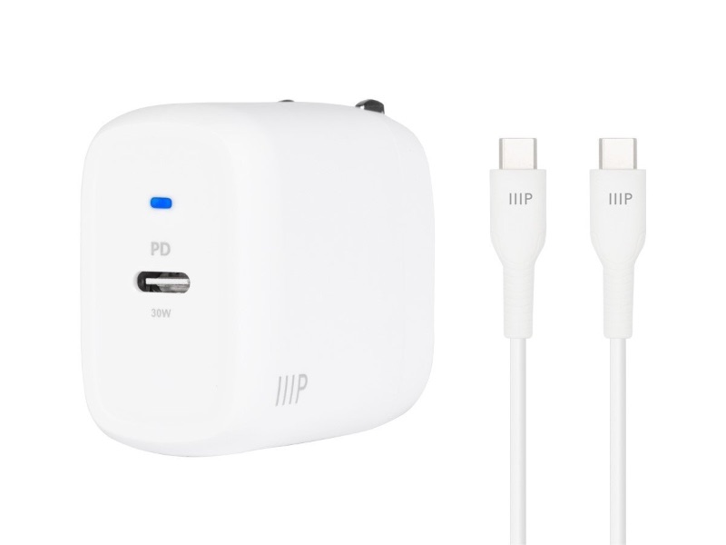 Photo 1 of Monoprice iPad Pro Charging Bundle - 30W 1-port PD GaN Technology Foldable Wall Charger and 1.8m (6ft) Fast Charge USB-C Cable for MacBook Pro/Air, Laptops, Pixel, Galaxy & More, White