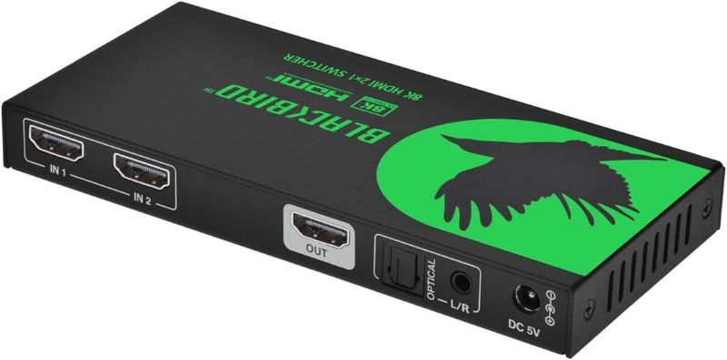 Photo 1 of Monoprice 2x1 HDMI Switch with Audio Extraction, 8K@60Hz, 4K@120Hz, HDMI 2.1, HDCP 2.3, 40Gbps, IR Remote Control, HDR10+, for 4K UHD TV, PS5, Xbox Series X, Fire TV, Roku - Blackbird Series
