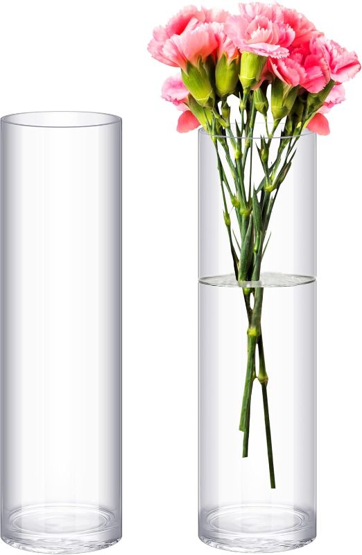 Photo 1 of 2 Pieces Cylinder Glass Vase Floral Container Clear Floor Flower Vase Tall Skinny Floating Candle Vases for Centerpieces Cylinder Candle Holders for Wedding Party Home Decor (14 x 4 Inches)
