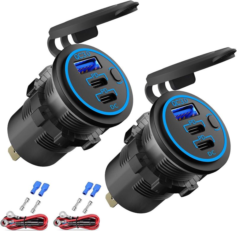 Photo 1 of 2 PACK 12V USB Outlet Wired USB Charger Multi Port, Dual PD3.0 USB-C and Quick Charge 3.0 Car USB Port Socket with Power Switch, Fast Charger for Cell Phone Tablet, Suitable for Car Boat RV Marine ATV
