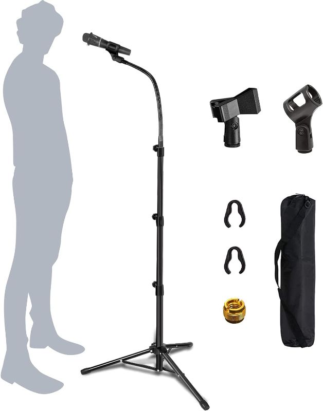 Photo 1 of Mic Stand Boom Microphone Stands Tripod Gooseneck mic arm stand Height Adjustable 3'- 6' with Mic Clips and 3/8" - 5/8" Adapter Microphone stand for Singing
