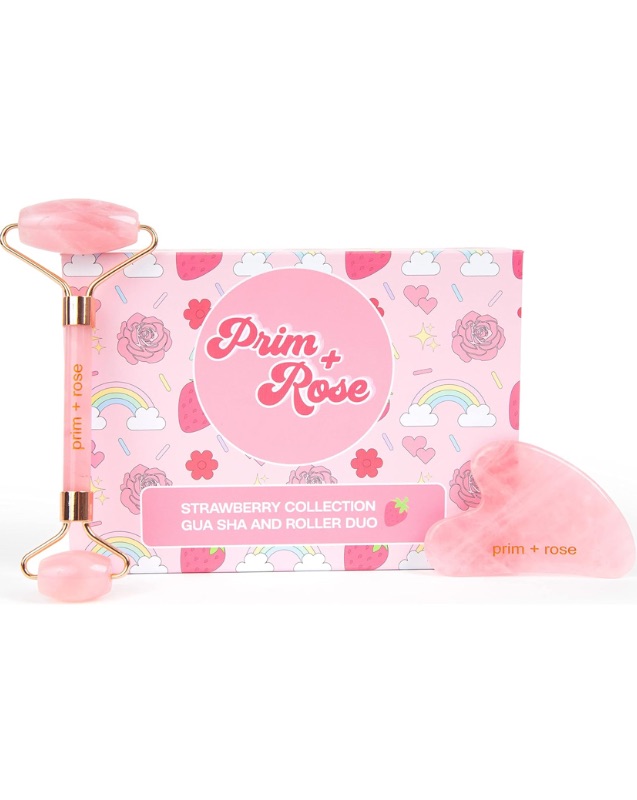 Photo 1 of NEW**Prim+Rose Gua Sha and Face Roller Rose Quartz Set to Sculpt, Massage, Relieve Facial Tension, Promote Circulation, and Soothe Skin with Velvet Pouch and Sticker Sheet, Pink