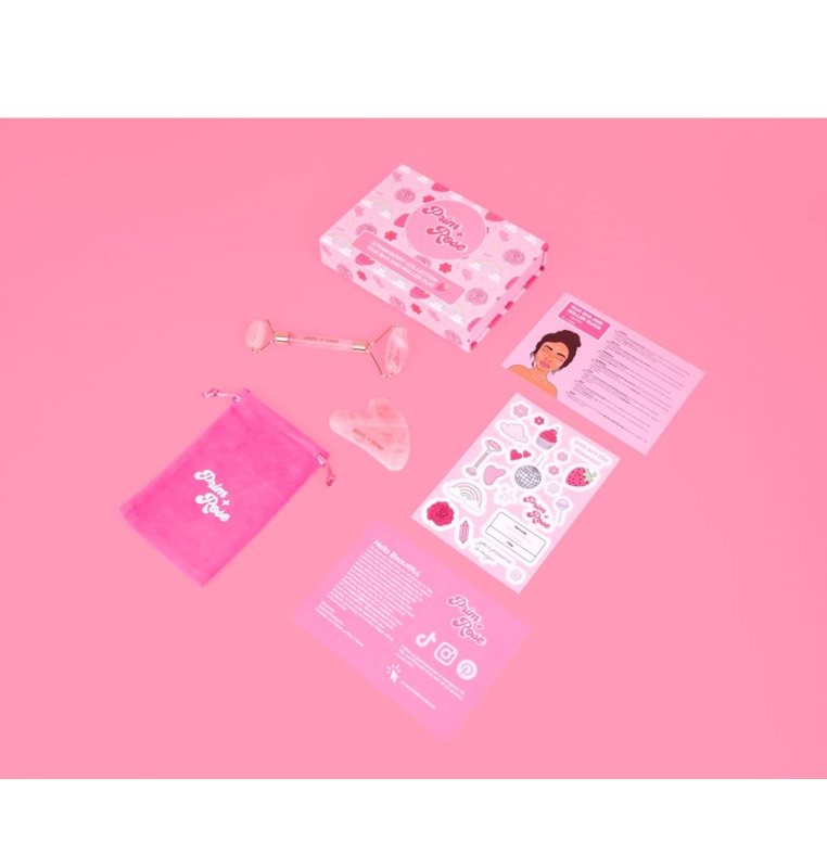 Photo 2 of NEW**Prim+Rose Gua Sha and Face Roller Rose Quartz Set to Sculpt, Massage, Relieve Facial Tension, Promote Circulation, and Soothe Skin with Velvet Pouch and Sticker Sheet, Pink