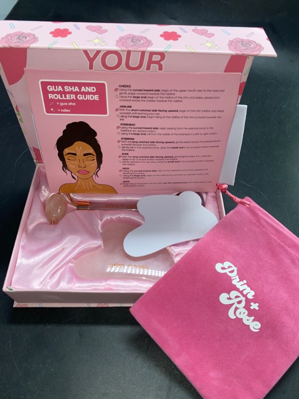 Photo 3 of NEW**Prim+Rose Gua Sha and Face Roller Rose Quartz Set to Sculpt, Massage, Relieve Facial Tension, Promote Circulation, and Soothe Skin with Velvet Pouch and Sticker Sheet, Pink