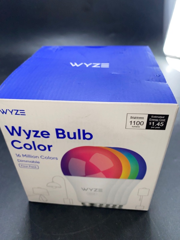 Photo 2 of NEW**Wyze Bulb Color, 1100 Lumen WiFi RGB and Tunable White A19 Smart Bulb, Works with Alexa and Google Assistant, Four-Pack
