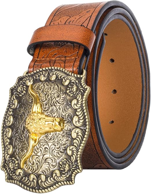 Photo 1 of Size - 25"-38" Waist - Western Cowboy PU Leather Belt - Men Waist Strap Bull Decoration Floral Engraved for Jeans 25" to 38" Waist
