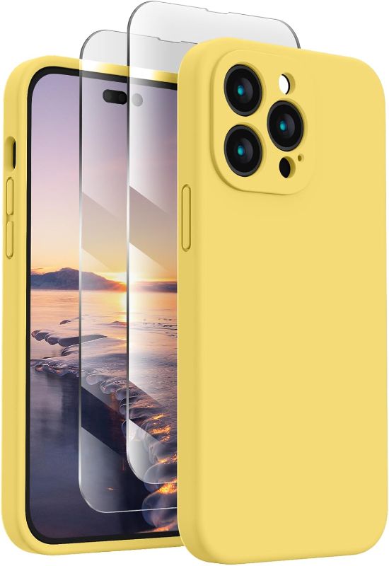 Photo 1 of FireNova Designed for iPhone 14 Pro Case, Silicone Upgraded [Camera Protection] Phone Case with [2 Screen Protectors], Soft Anti-Scratch Microfiber Lining Inside, 6.1 inch, Yellow
