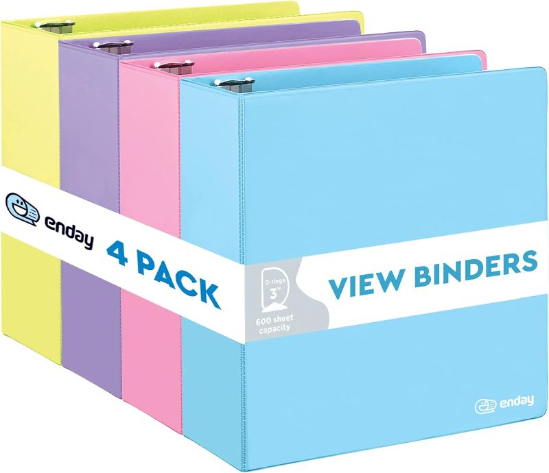 Photo 1 of 3 Inch Binder 3 Ring Binders, Slant D-Ring 3” Clear View Cover with 2 Inside Pockets, Heavy Duty Colored School Supplies Office and Home Binders Pink, Blue, Purple, Green (4 Pack) – by Enday
