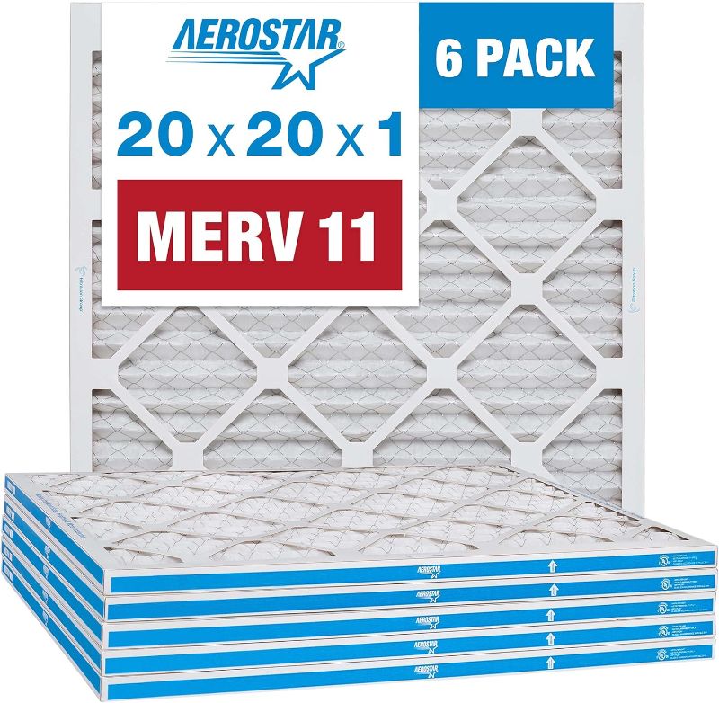 Photo 1 of Aerostar 20x20x1 MERV 11 Pleated Air Filter, AC Furnace Air Filter, 6 Pack (Actual Size: 19 3/4"x 19 3/4" x 3/4")
