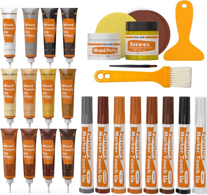 Photo 1 of REALINN Wood Furniture Repair Kit - Touch Up Markers, Fillers with Wood Putty - Repair Scratch, Cracks, Hole, Discoloration for Wooden Door, Floor, Table, Cabinet