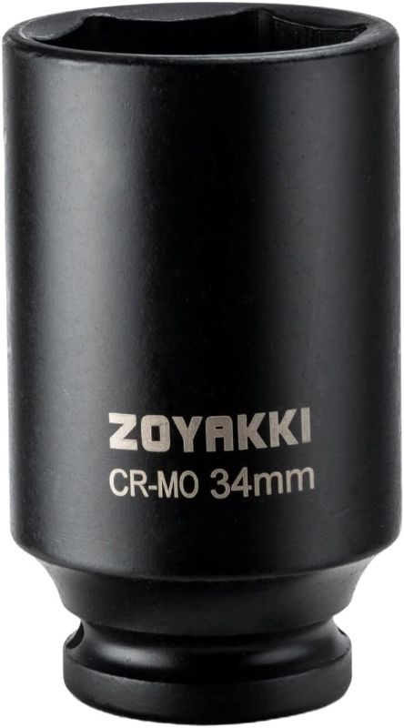 Photo 1 of 1/2" Drive x 34 mm Deep 6 PT Impact Socket, CR-MO, 1/2-inch Drive 6 Point Axle Nut Socket for Easy Removal of Axle Shaft Nuts (34MM)
