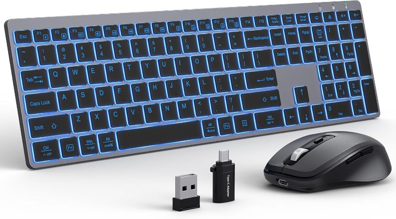 Photo 1 of Earto Wireless Keyboard and Mouse, 7 Color Backlight, Type-C Rechargeable, Slim & Quiet, Jiggler Mouse, 2.4GHz Backlit Wireless Keyboard and Mouse for Mac, Windows, Laptop, PC, K637 Space Grey
