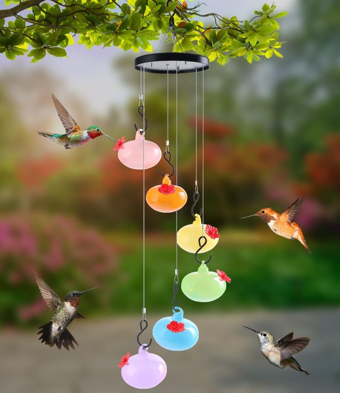 Photo 1 of Wind Chime Hummingbird Feeder, 6-Color Charming Wind Chimes Hummingbird Feeders for Outdoor Hanging, Hummingbird Feeder Glass Ant and Bee Proof Garden Decor
