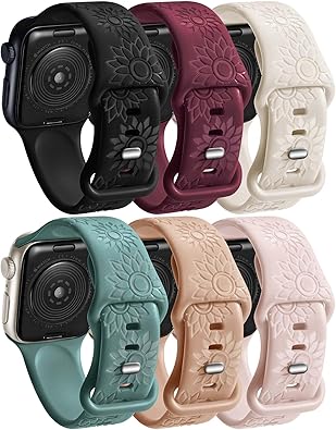 Photo 1 of 6 Pack Flower Engraved Bands Compatible Apple Watch Band With 38mm 40mm 41mm 42mm 44mm 46mm 45mm 49mm Women Men.Silicone Floral Reflective Sport Strap for iWatch Series 10 9 8 7 6 5 4 3 SE Ultra 2 1
