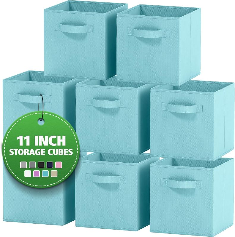 Photo 1 of Fabric Storage Cubes for Cube Organizer - 8 Pack Heavy Duty Aqua Blue Storage Bins - 11 Inch Cube Storage Bin, Use As A Clothes Storage Box In Closet, Baskets For Shelves or Cubbies Storage Organizer
