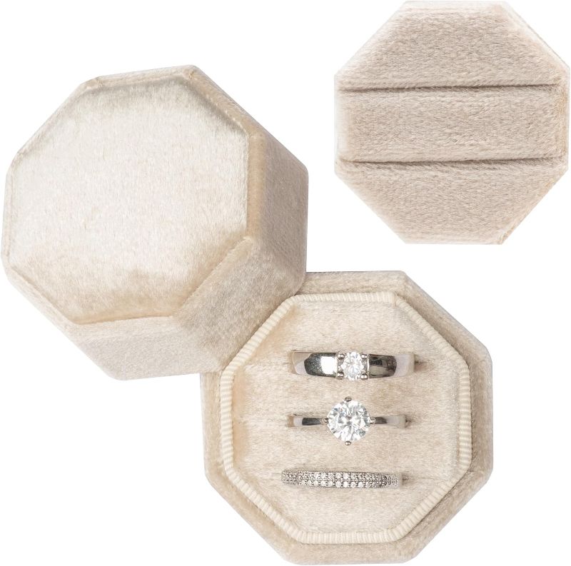 Photo 1 of Equal Octagon Velvet Ring Box 2 Slots|3 Slots Storage Box for Wedding Ceremony Proposal Engagement Birthday (Beige)