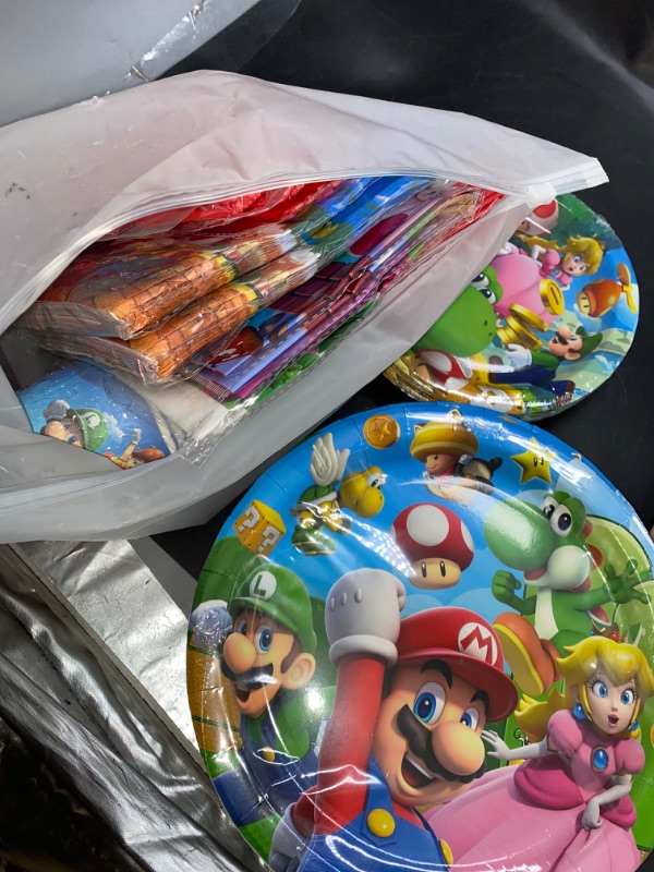 Photo 2 of 81Pcs Mario Party Supplies Super Bros Tableware Set Includes Mario Party Plates Napkins Cups Fork Tablecloth
