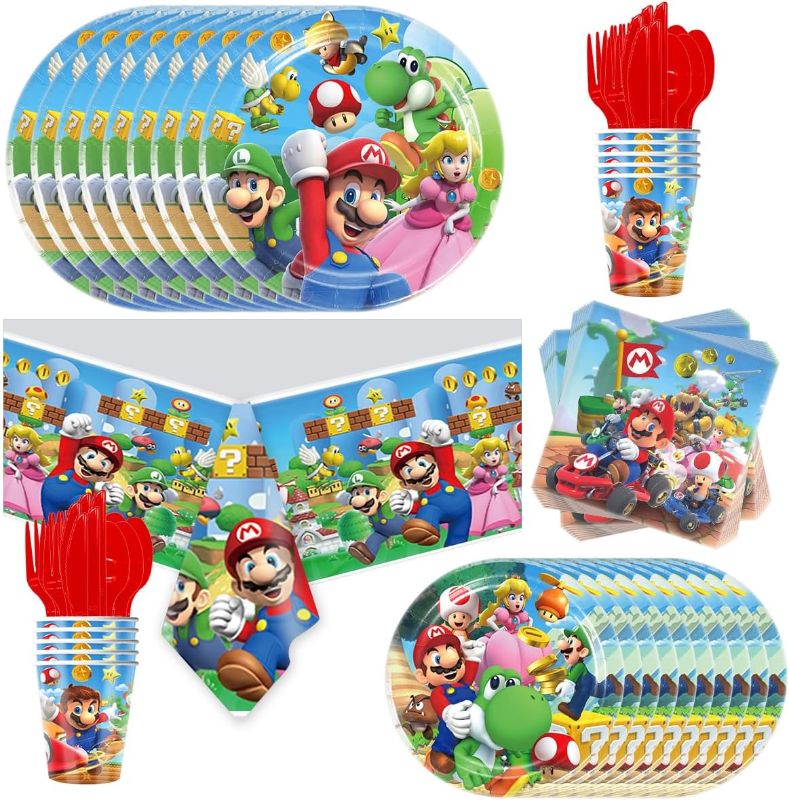 Photo 1 of 81Pcs Mario Party Supplies Super Bros Tableware Set Includes Mario Party Plates Napkins Cups Fork Tablecloth
