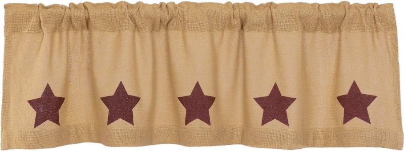 Photo 1 of Burlap Natural with Burgundy Stars Primitive 16"x60" Valance Tan Rod Pocket Stenciled Cotton Kitchen Window Curtains
