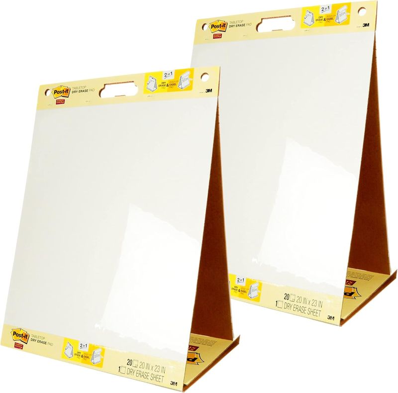 Photo 1 of Post-it Super Sticky Portable Tabletop Easel Pad w/Dry Erase Panel, Great for Virtual Teachers and Students, 20x23 Inches, 20 Sheets/Pad, 2 Pads, Built-in Stand (563DE VAD 2PK) , White
