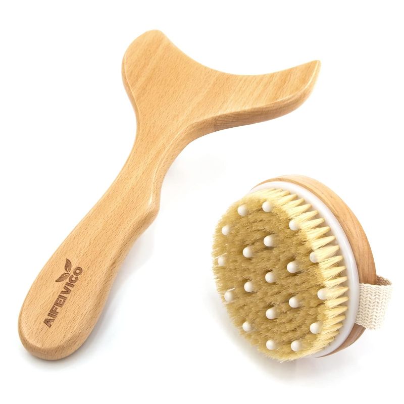 Photo 1 of Lymphatic Drainage Paddle & Dry Brushing Body Brush, Wood Body Gua Sha Tool with Dry Skin Brush, Lymphatic Massage Paddle for Anti Cellulite - Body Shaping Contouring Sculpting
