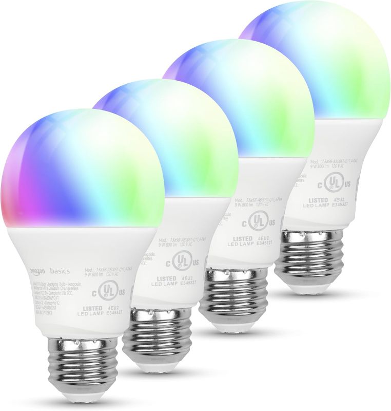 Photo 1 of Amazon Basics Smart A19 LED Light Bulb, Color Changing, 9W (60W Equivalent), 800LM, Works with Alexa Only, 2.4 GHz Wi-Fi, No Hub Required, 4-Pack
