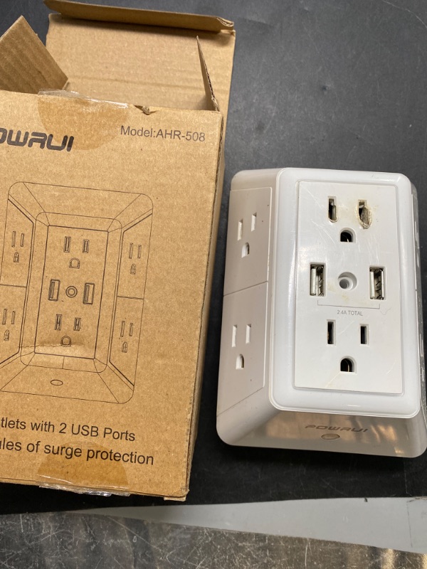 Photo 2 of USB Wall Charger, Surge Protector, POWRUI 6-Outlet Extender with 2 USB Charging Ports (2.4A Total) and Night Light, 3-Sided Power Strip with Adapter Spaced Outlets - White ETL Listed
