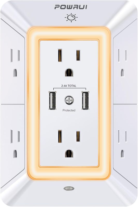 Photo 1 of USB Wall Charger, Surge Protector, POWRUI 6-Outlet Extender with 2 USB Charging Ports (2.4A Total) and Night Light, 3-Sided Power Strip with Adapter Spaced Outlets - White ETL Listed
