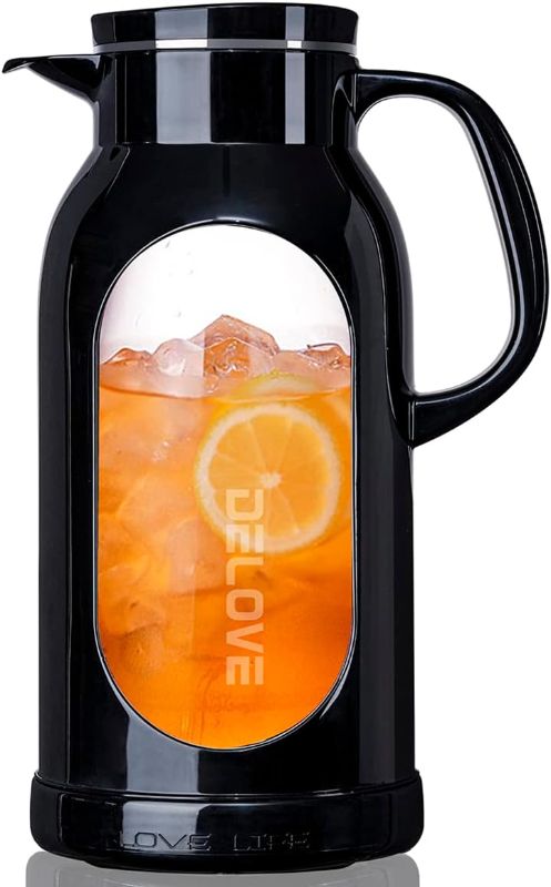 Photo 1 of Delove 68 oz/2 Liter Glass Pitcher with Shatterproof Shell - Heat Resistant Glass Liner - Stainless Steel Lid - Carafe & Jug for Iced Tea,Hot/Cold Water,Homemade Juice Beverages (Black)
