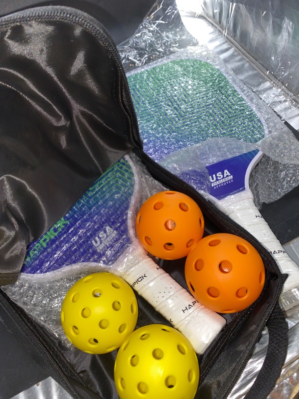 Photo 2 of Happick Pickleball Racket Set: 2 Pro Fiberglass Paddles USAPA Approved, 2 Outdoor&Indoor Balls, Portable Bag. Ideal for Beginner to Intermediate Players.