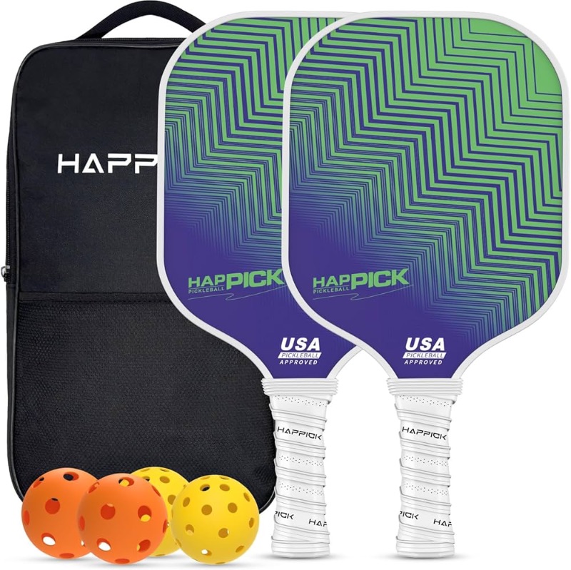 Photo 1 of Happick Pickleball Racket Set: 2 Pro Fiberglass Paddles USAPA Approved, 2 Outdoor&Indoor Balls, Portable Bag. Ideal for Beginner to Intermediate Players.